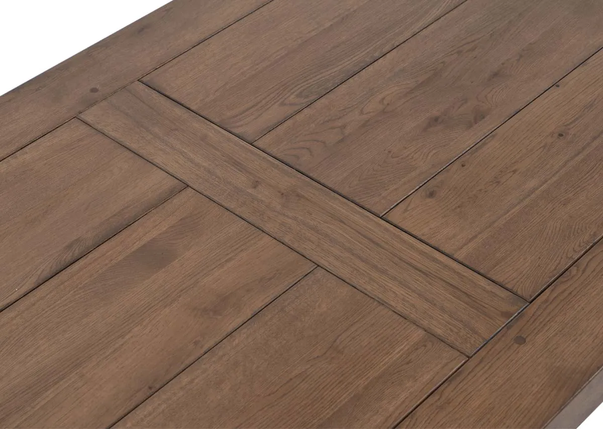 A rectangular solid oak coffee table from EZ Livings Naxos range. Closeup of detail on table top.