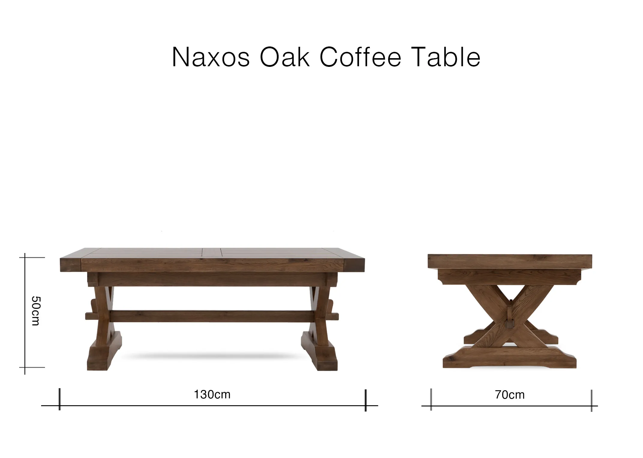 A dimension image of the Naxos coffee table with 130cm x 70cm x 50cm