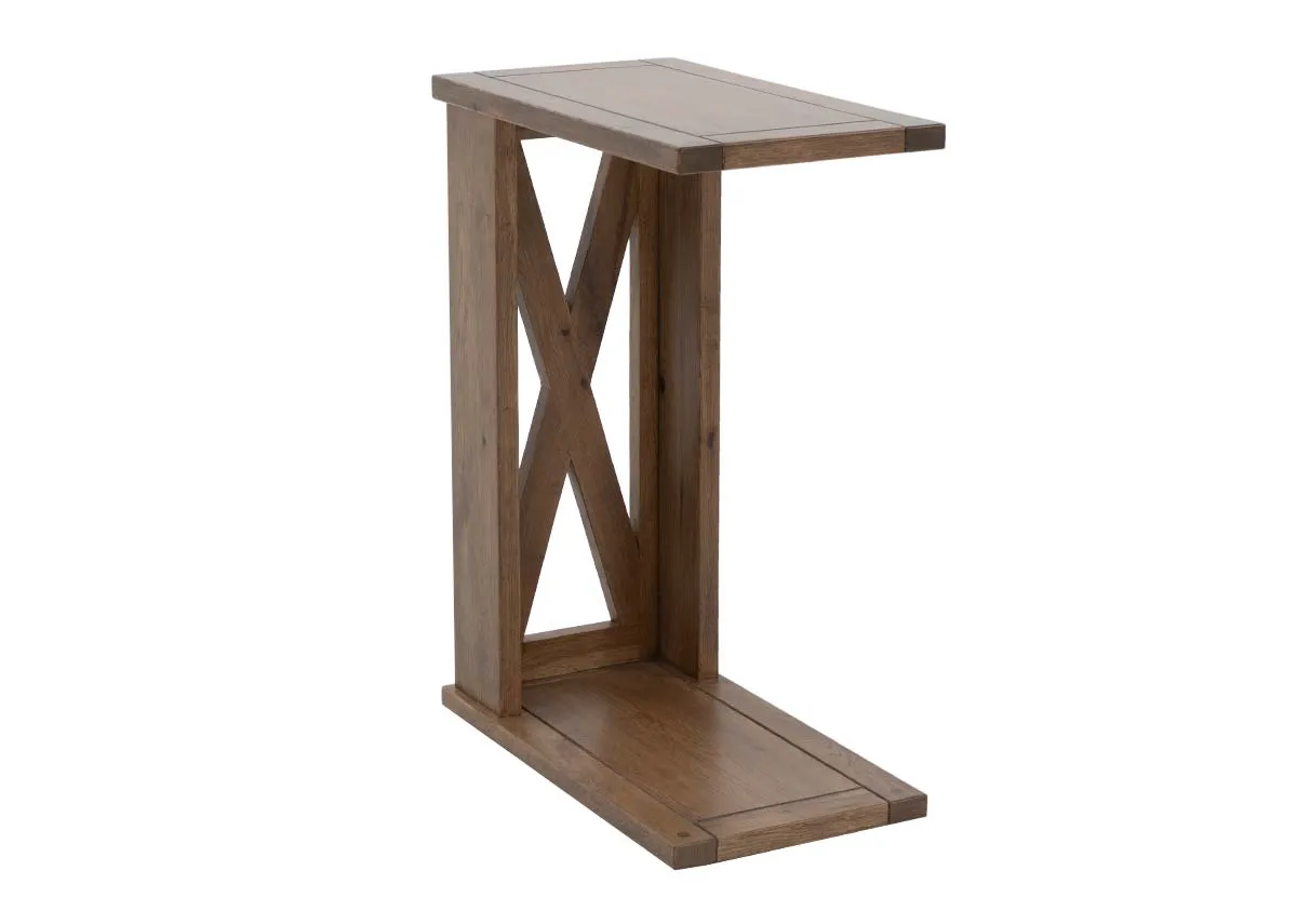 A striking oak sofa table with X side detail from EZ Livings Naxos range. Angled view.