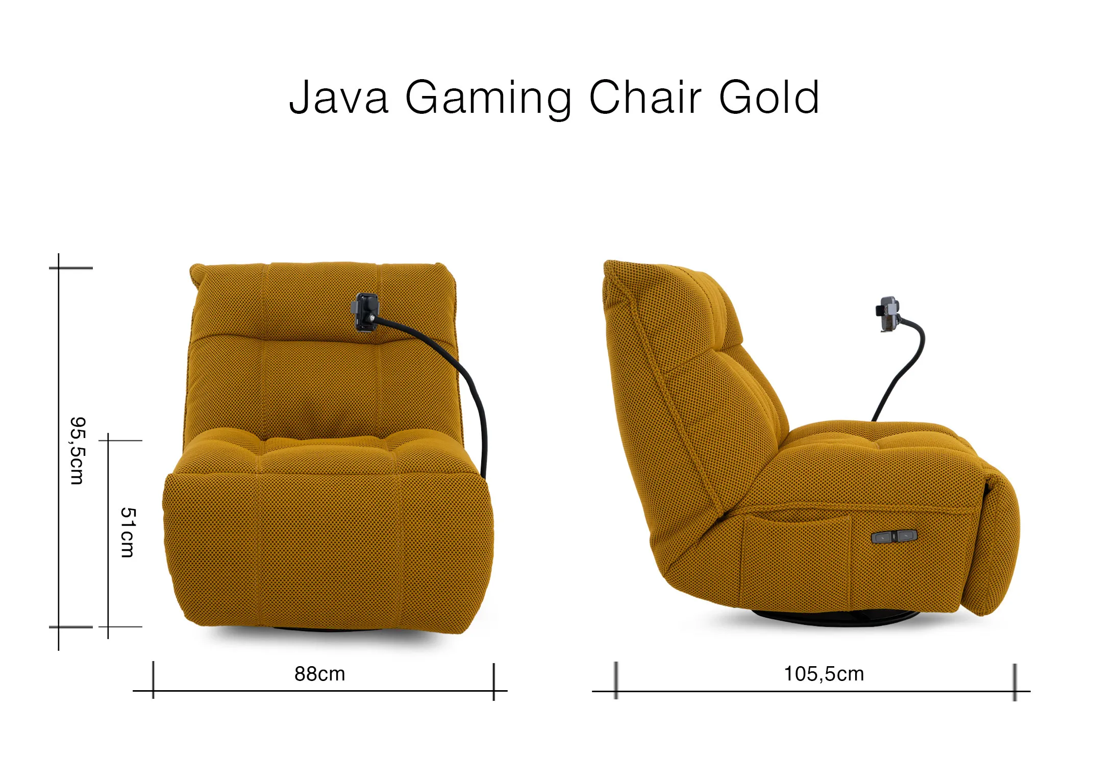 A dimension image of the Java Mustard gaming chair with 88cm x 105.5cm x 95.5cm