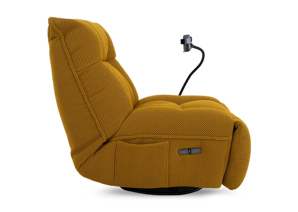 A power gliding game chair in mustard yellow from EZ Livings Java range.Side view of holder for phone and side pocket