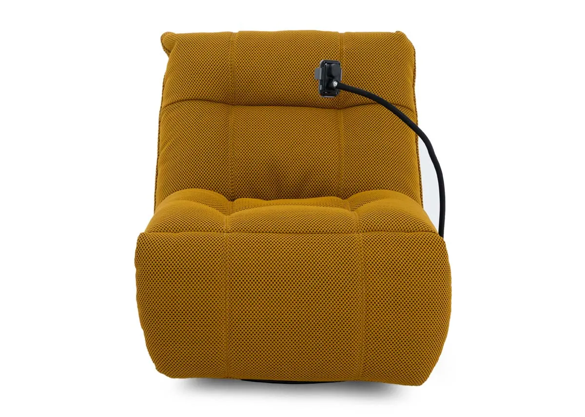 A power gliding game chair in mustard yellow from EZ Livings Java range.Front view of thick padded armless seat