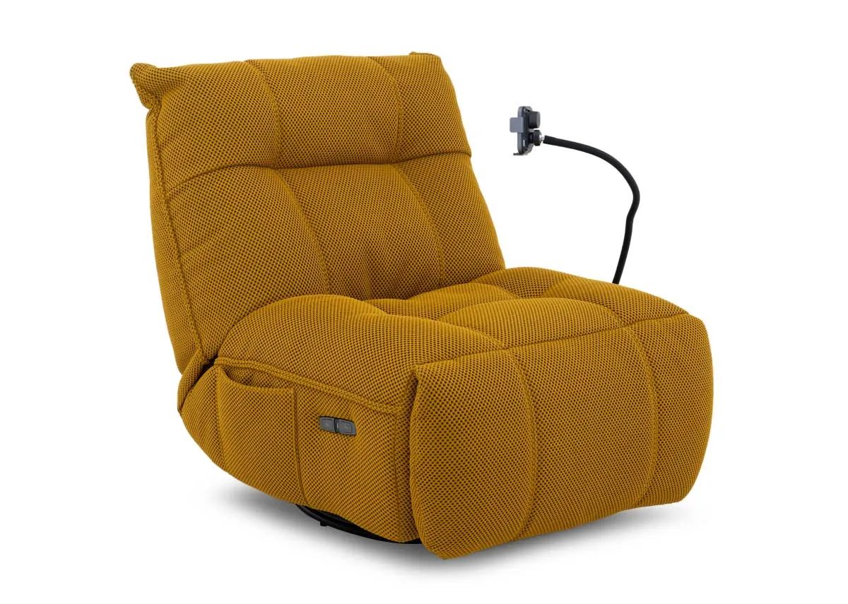 A power gliding game chair in mustard yellow from EZ Livings Java range. Angled view