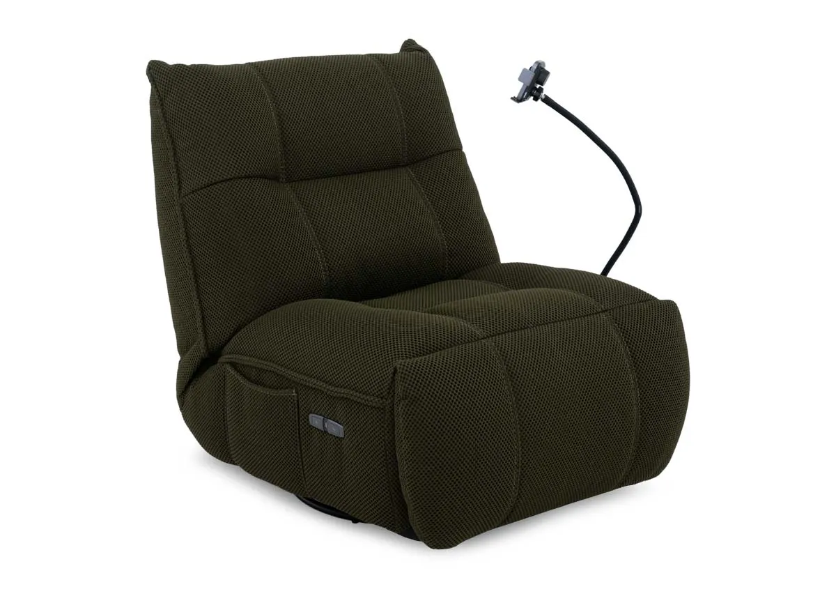 A power gliding game chair in green from EZ Livings Java range. Angled view of armchair and side pocket for remotes