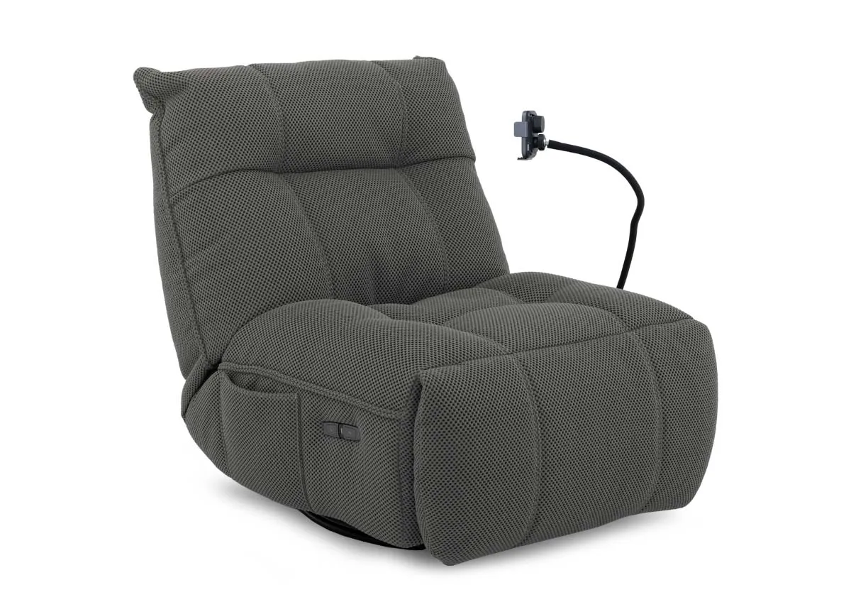 A power gliding game chair in grey from EZ Livings Java range. Angled view of side pockets for remote