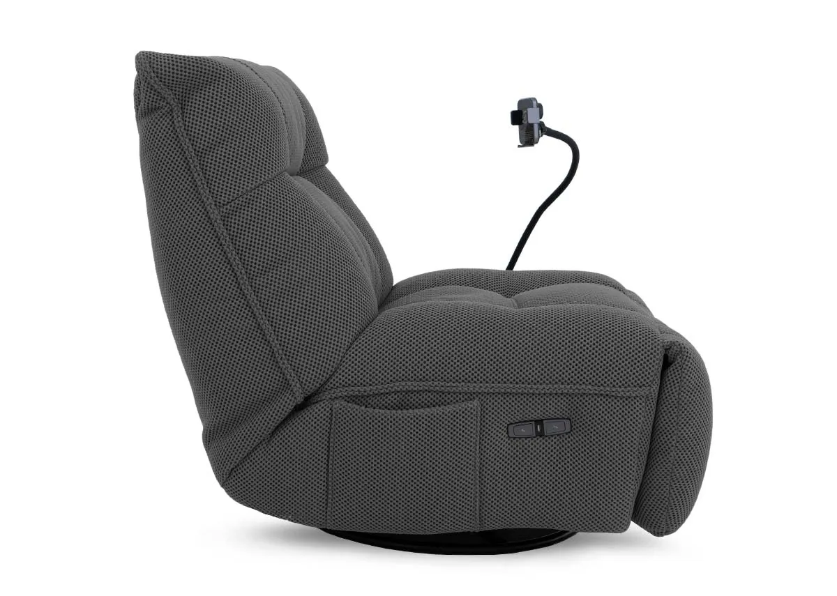 A power gliding game chair in grey from EZ Livings Java range. Back view
