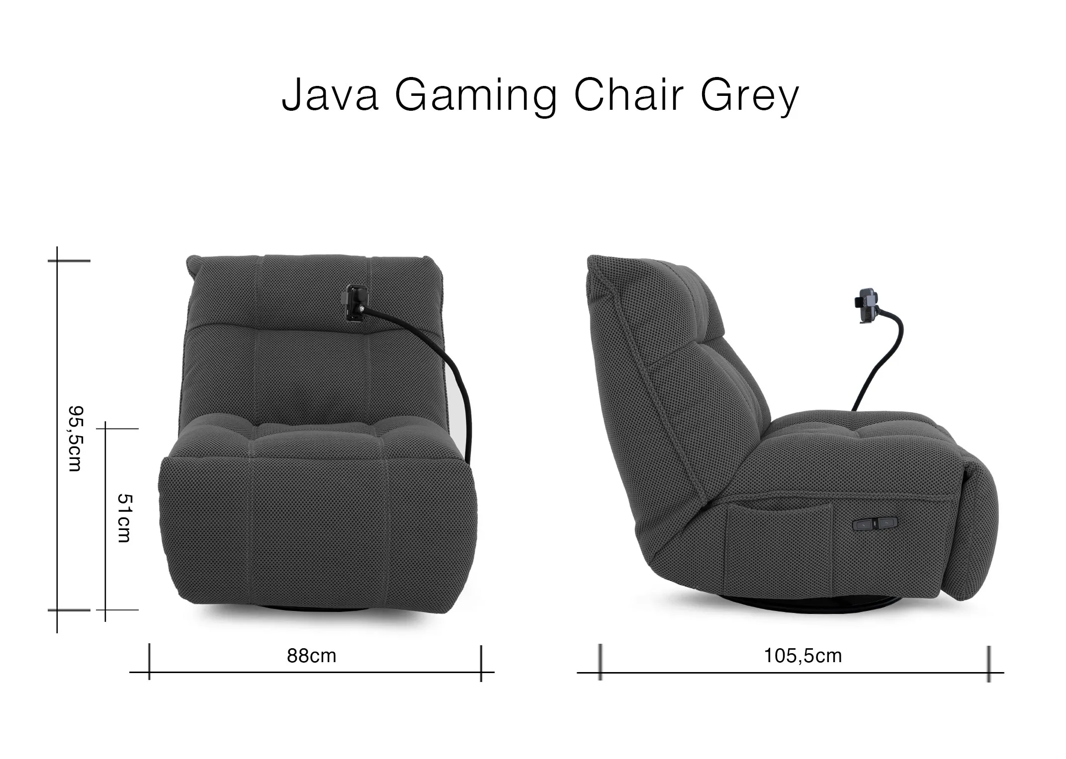 A dimension image of the Java Gaming chair with 88cm x 95.5cm