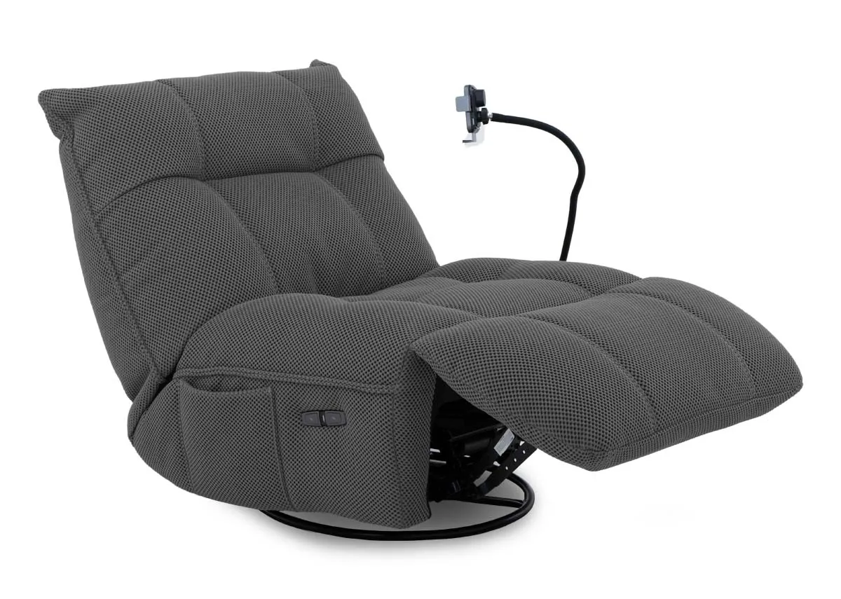 A power gliding game chair in grey from EZ Livings Java range.Side view