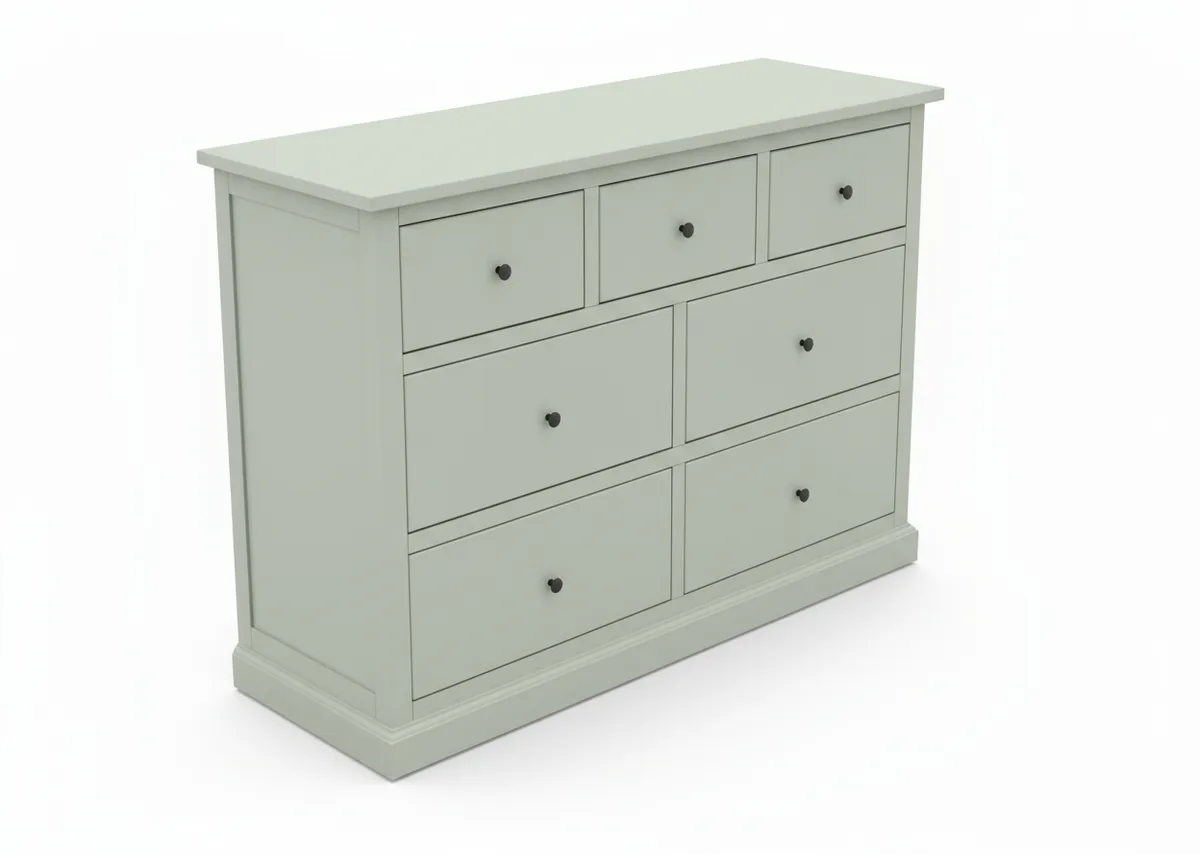 A light green chest of drawers viewed from a slight angle. It has three smaller drawers on top and four larger drawers below each with a black pull.