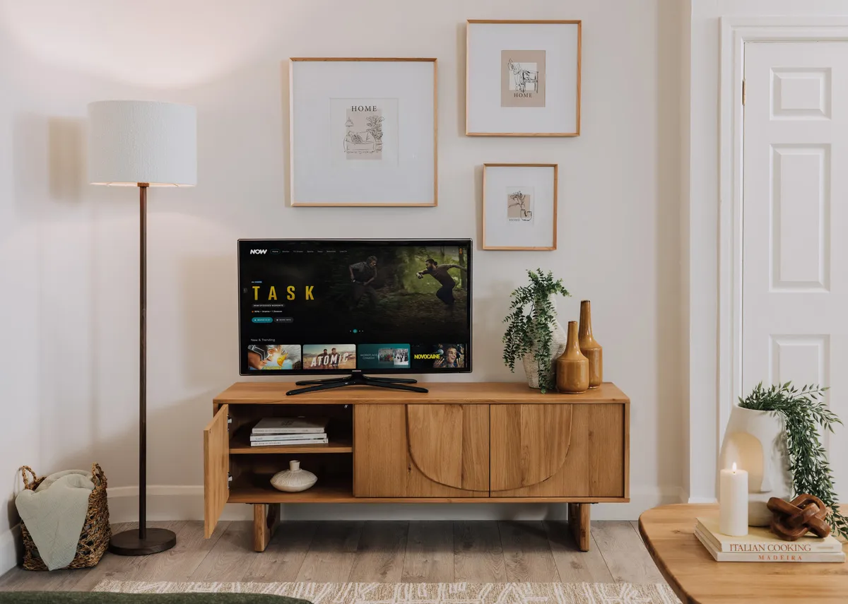 A lifetsyle image of the Pierro TV Unit with Myla oak frames in 3 sizes.