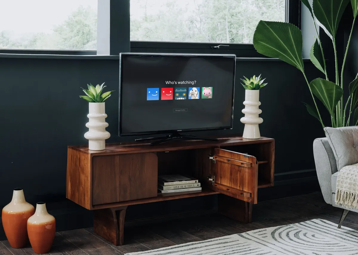 A lifestyle image of the TV Unit with door open with tv and Chloe sofabed.