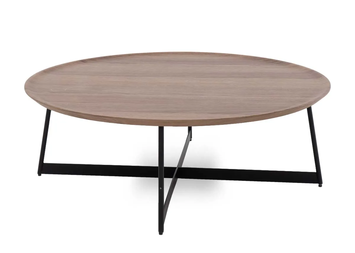 A round walnut veneer coffee table with metal legs from EZ Livings Bonita range. Angled view.