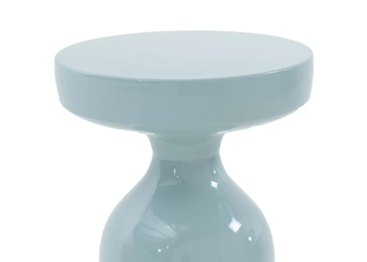 A light blue metal side table from EZ Livings Alora range. A closeup of the round top