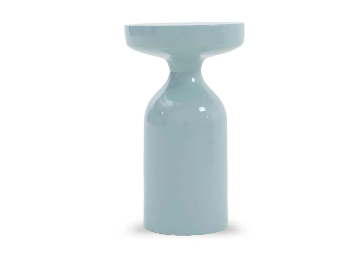 A light blue metal side table from EZ Livings Alora range. Front view