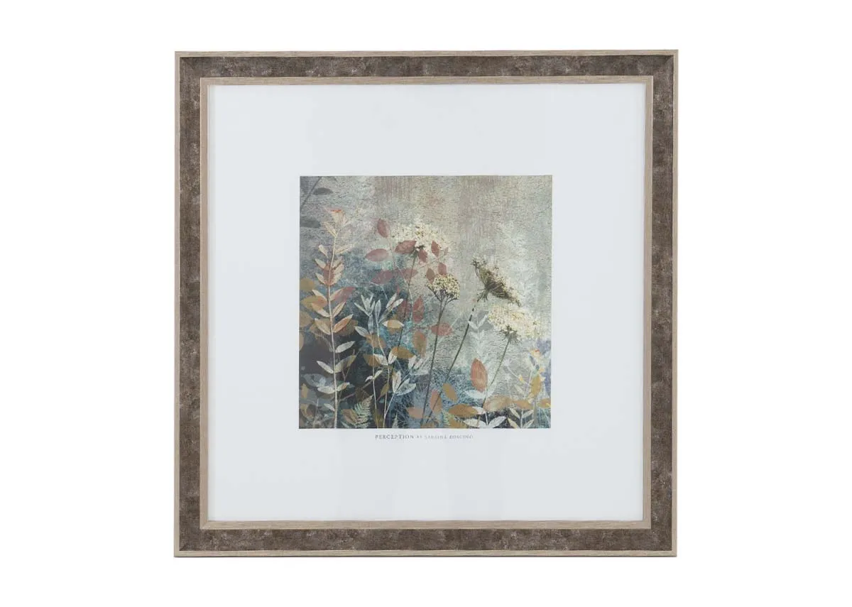 A brown framed picture of a floral meadow from EZ Livings Perception. Front view of square image with wide wide space