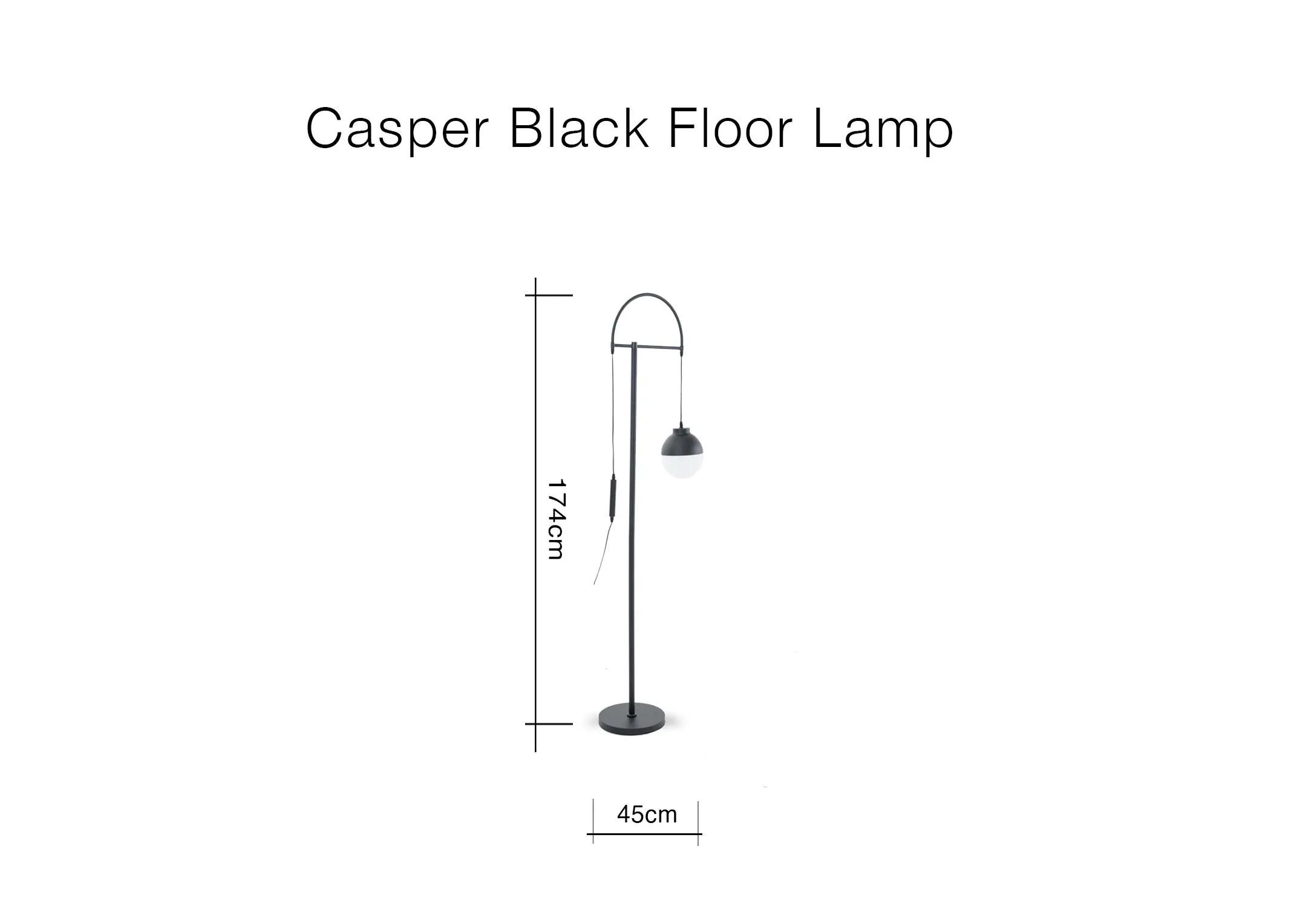 A dimension image of the Casper floor lamp with 45cm x 174cm