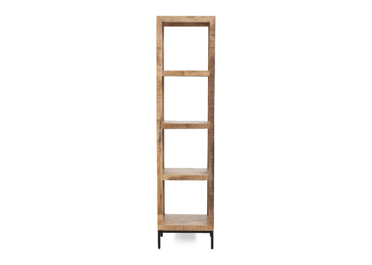A 4 tier bookcase from EZ Livings Avoca range. Front view of shelves and black metal feet.