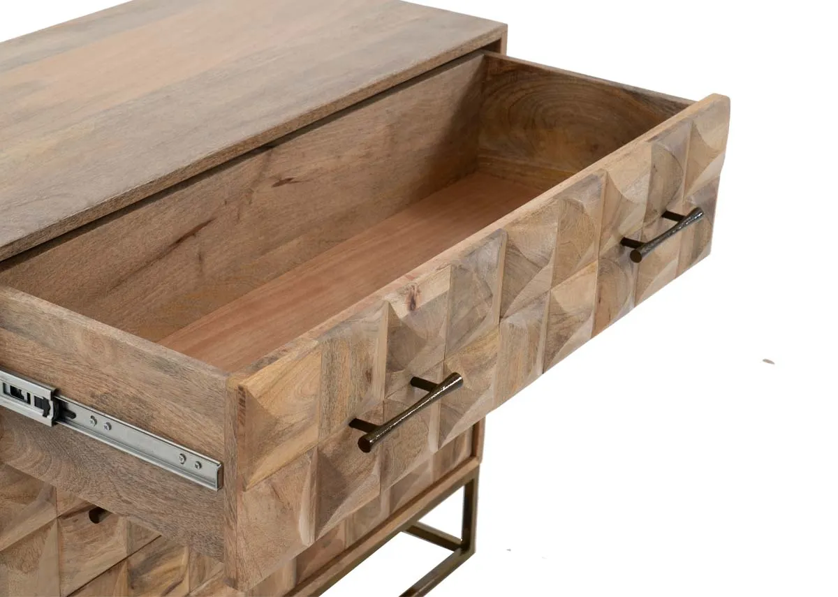 A closeup of the Diva chest drawer open showing gold handles and mosaic style textured front