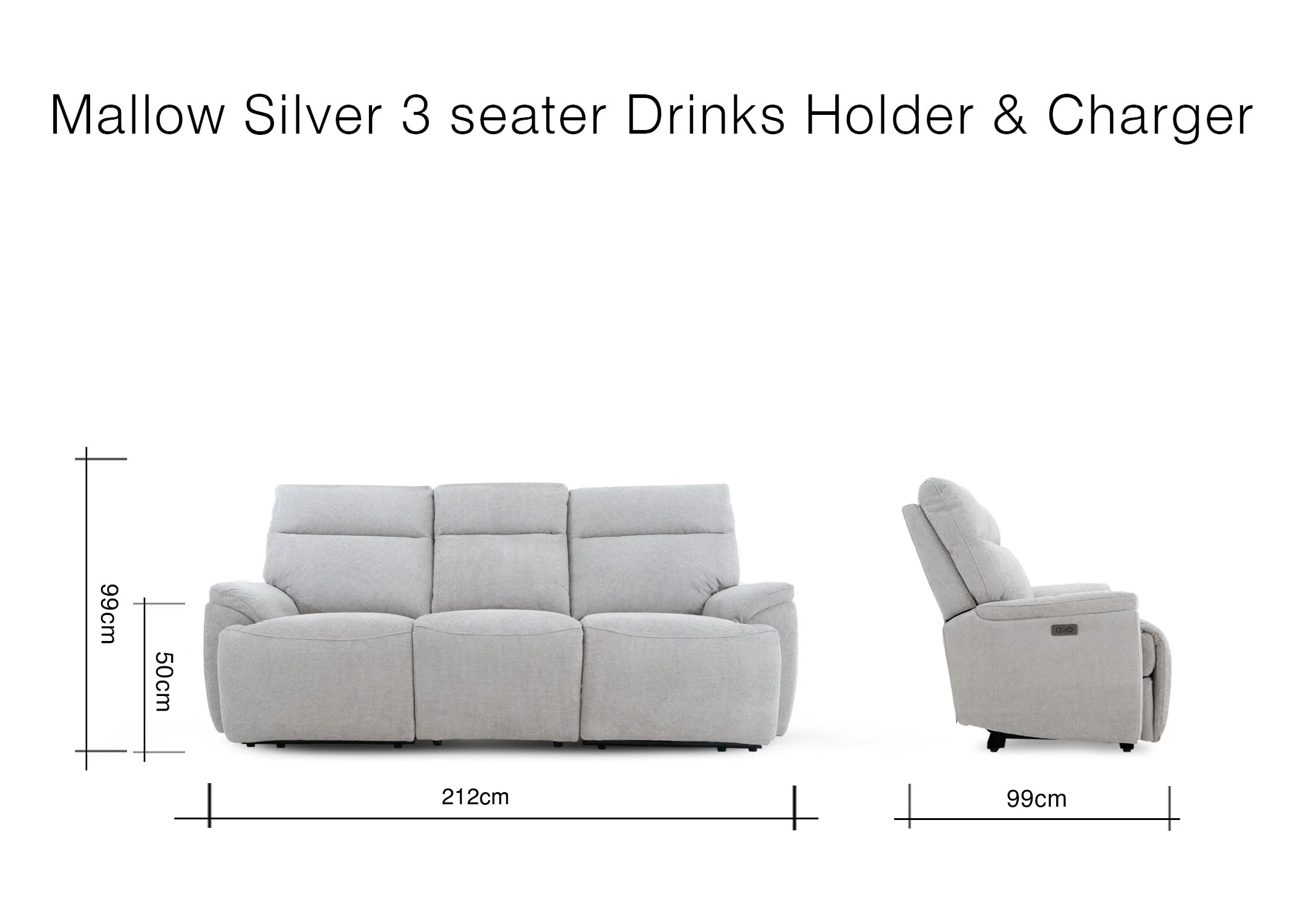 A dimension image of the Mallow 3 seater sofa with 212cm x 99cm x 99cm