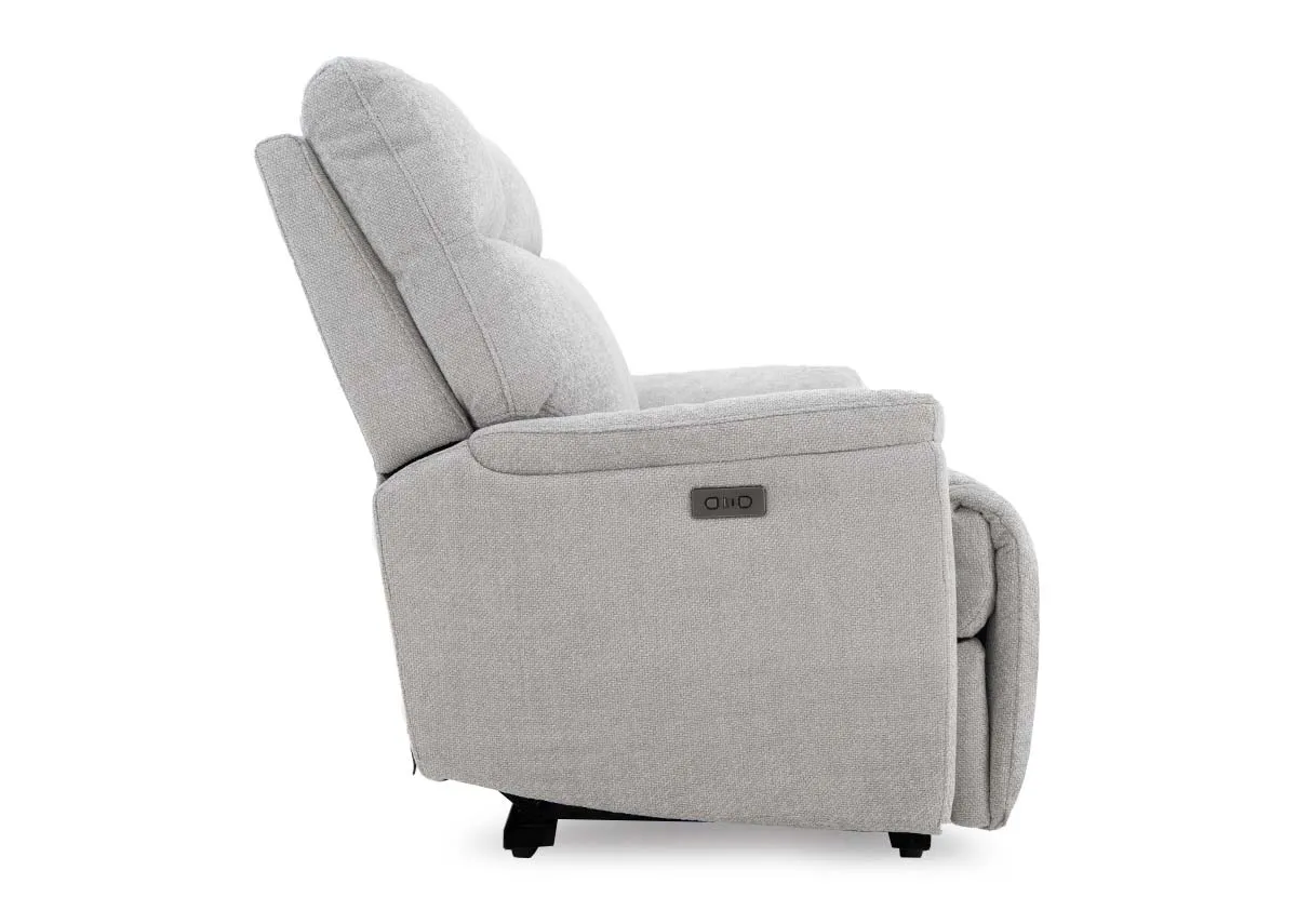 A 3 seater silver fabric recliner sofa from Ez livings Mallow range. Front view