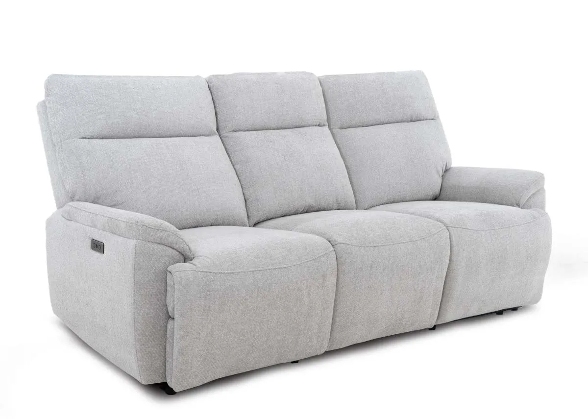 A 3 seater silver fabric recliner sofa from Ez livings Mallow range. Angled view of padded seat and backrest.