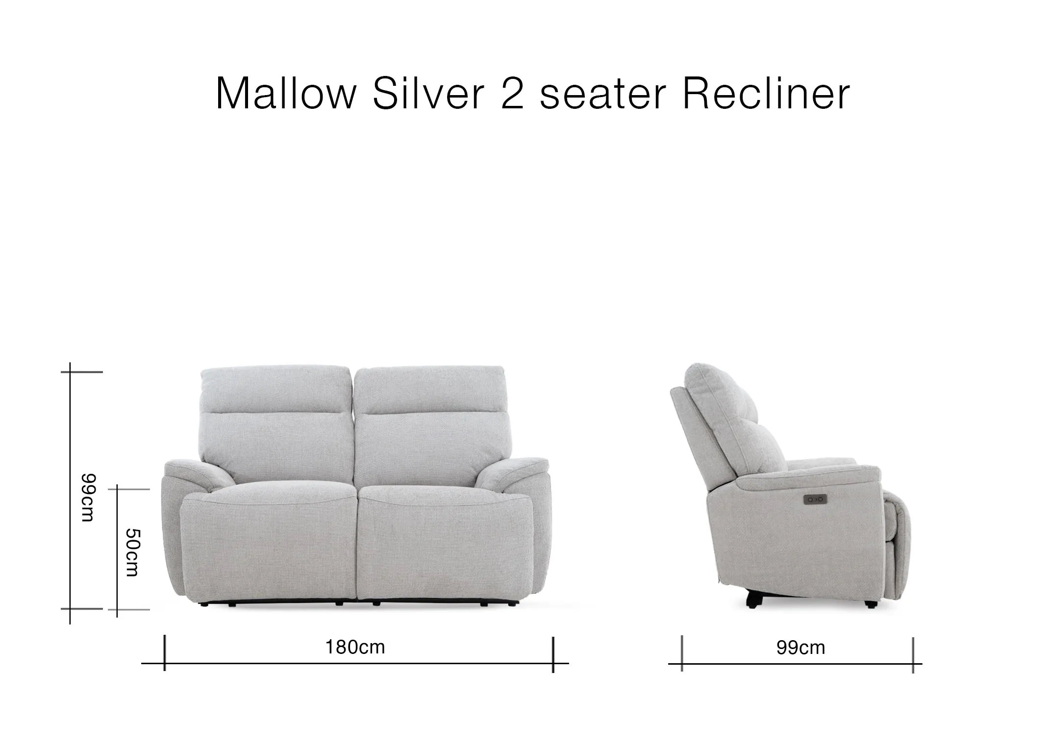 A dimension image of the Mallow 2 seater recliner with 180cm x 99cm