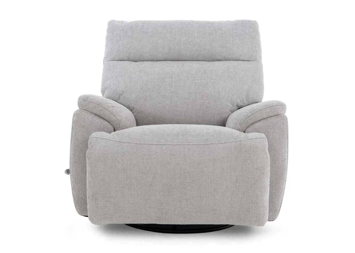 A silver fabric rocker swivel recliner from EZ Livings Mallow range. Side view fixed