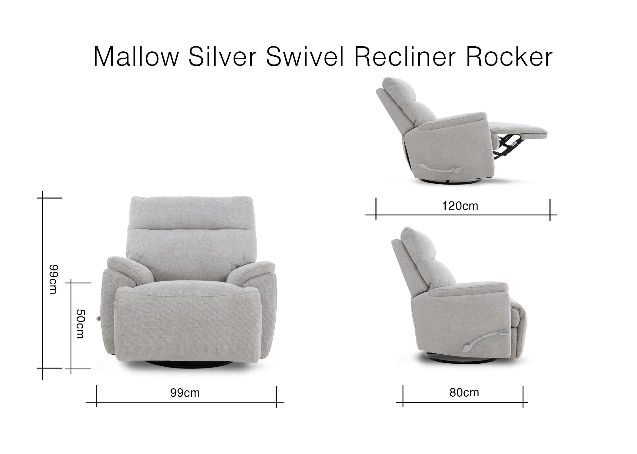 A dimension image of the Silver recliner with 99cm width x 99cm height x 80-120cm depth