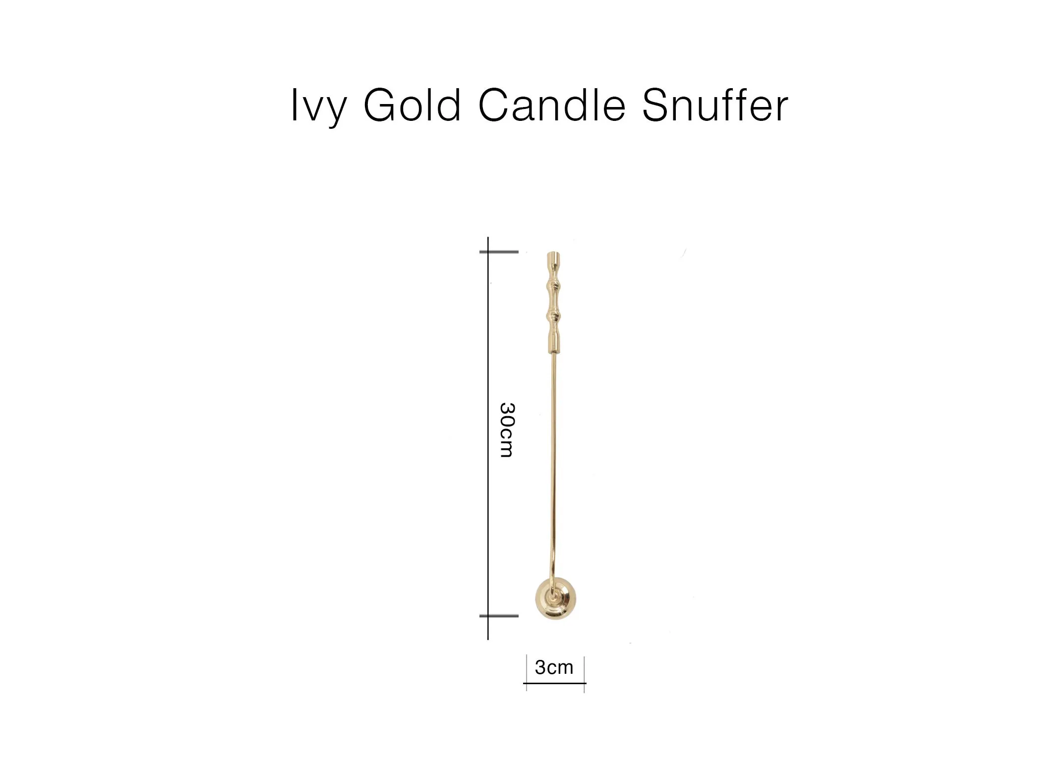 A dimension image of the Ivy Gold snuffer with 30cm x 3cm