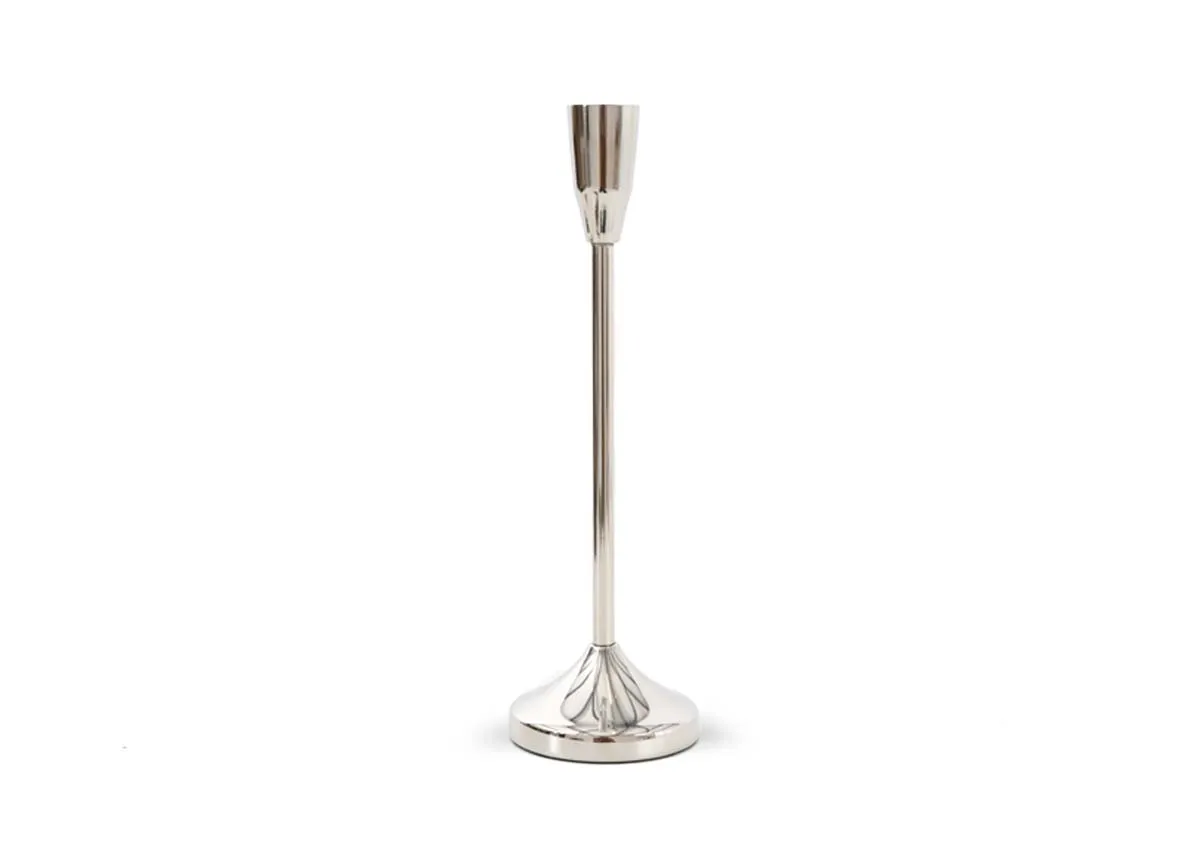 A silver single candle holder from EZ Livings Joy range. Front view