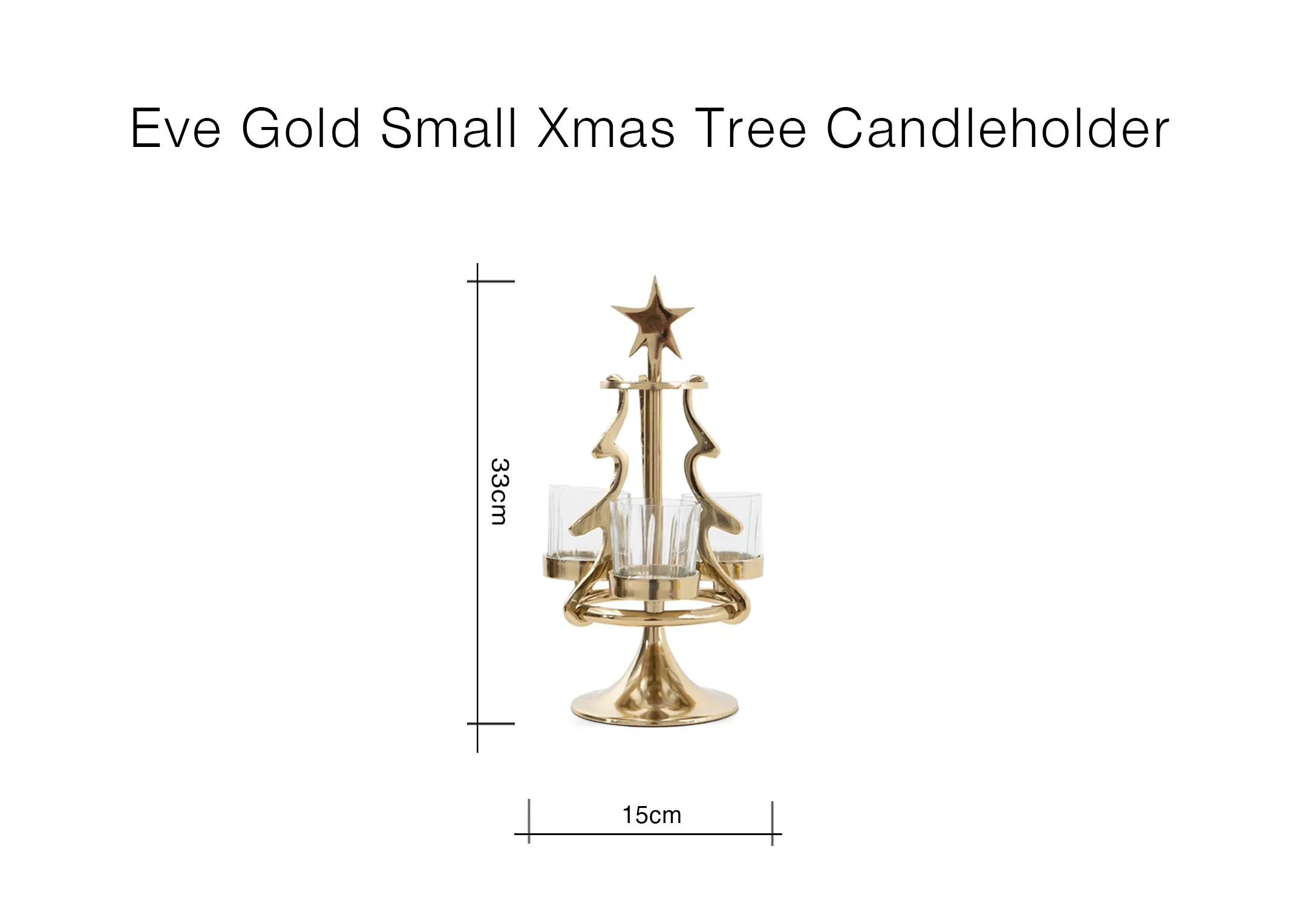 A dimension image of the Small Eve gold xmas tree candleholder with 15cm x 33cm