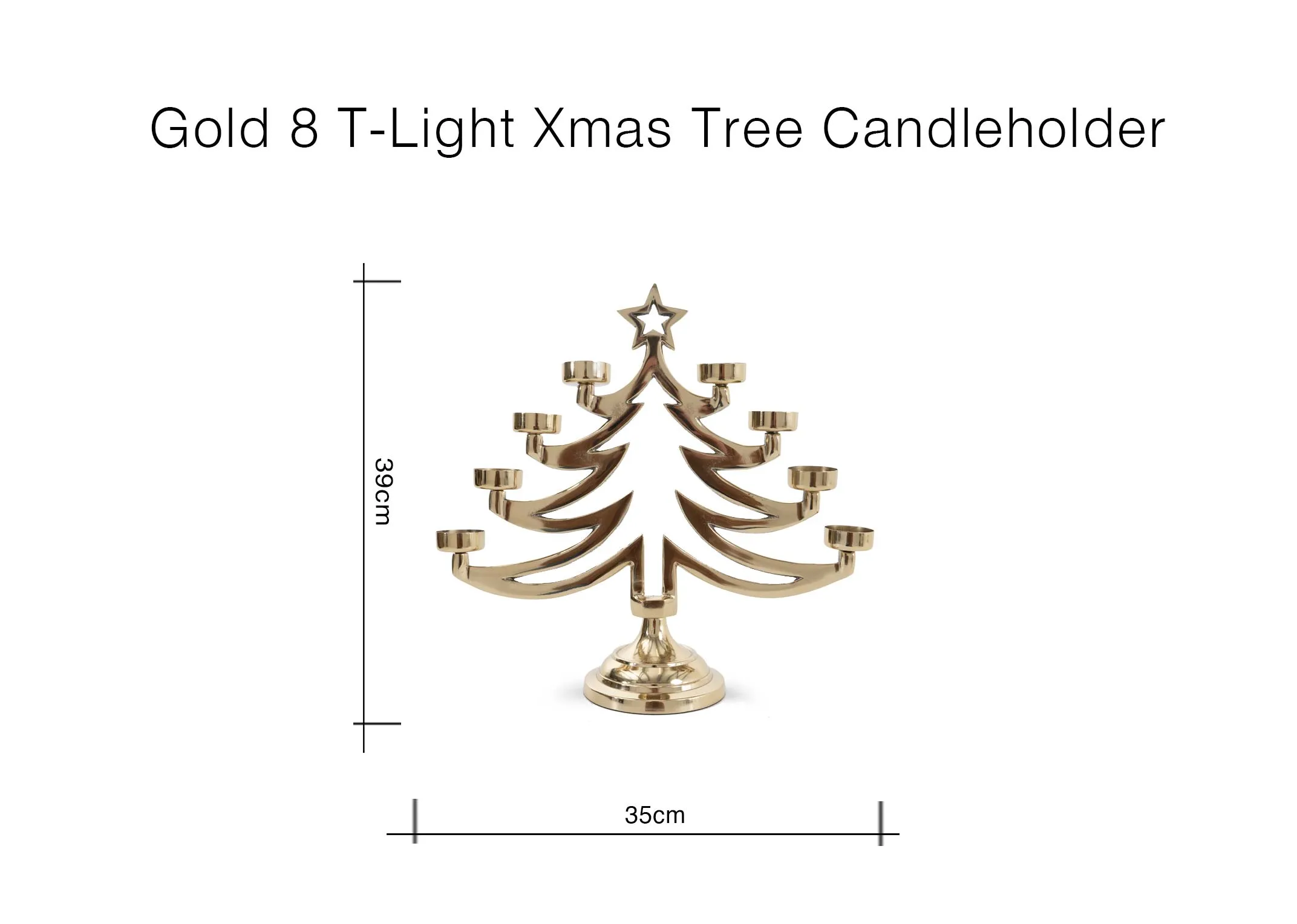A dimension image of the Gold 8 light candle holder with 35cm x 39cm