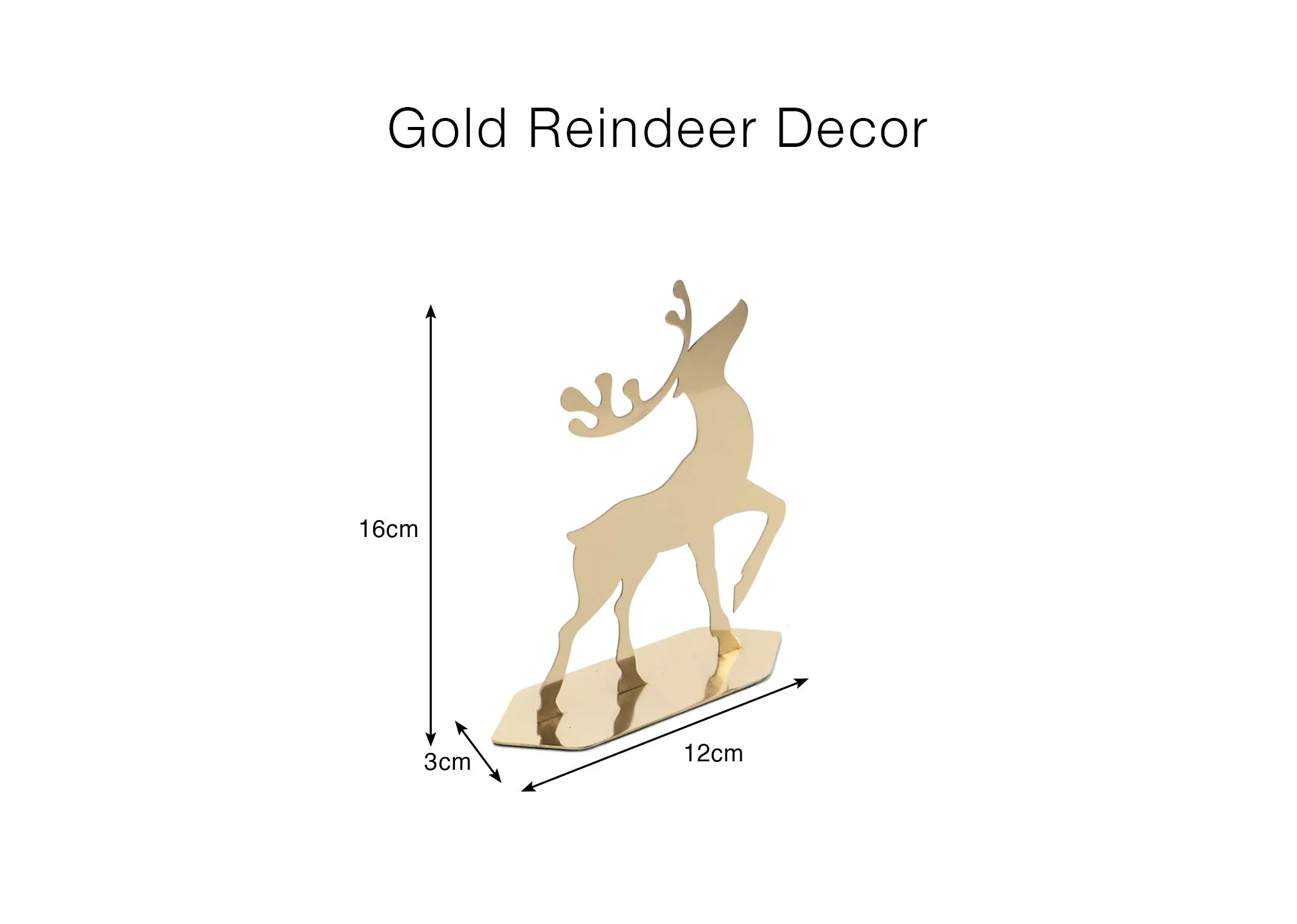 A dimension image of the Gold Reindeer Decor with 12cm x 16cm