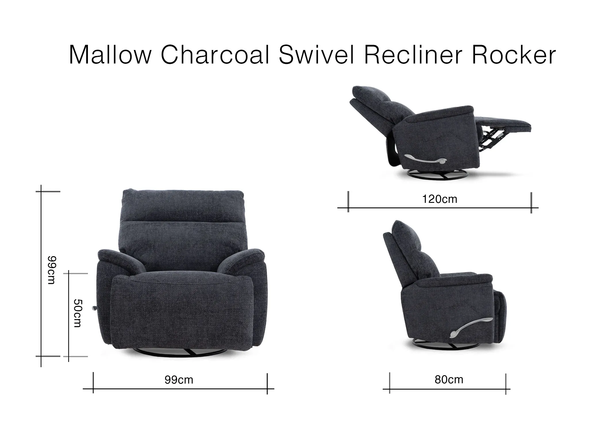 A dimension image of the Silver recliner with 99cm width x 99cm height x 80-120cm depth