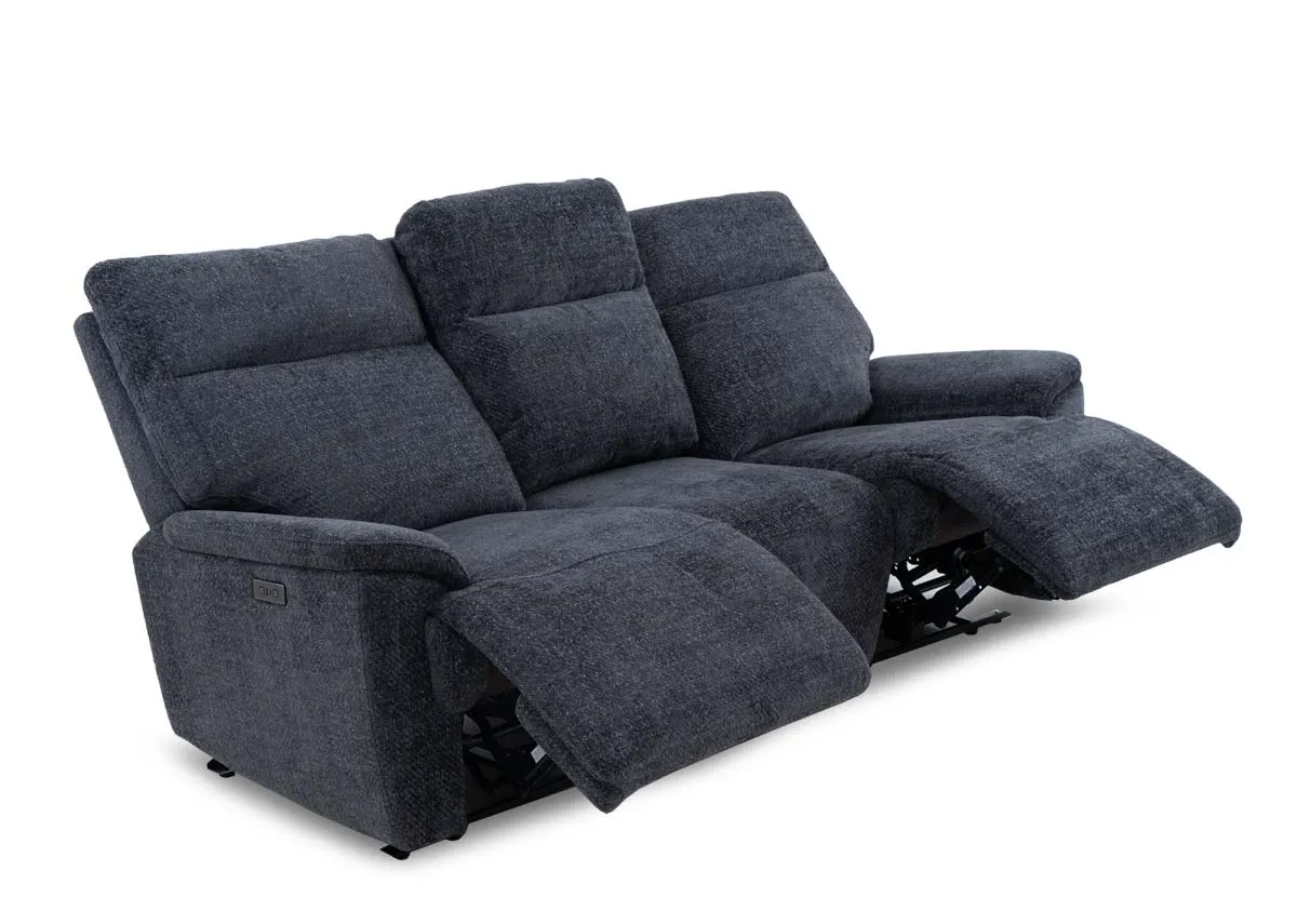 A 3 seater charcoal fabric sofa from EZ Livings Mallow range. Angled view of sofa reclined