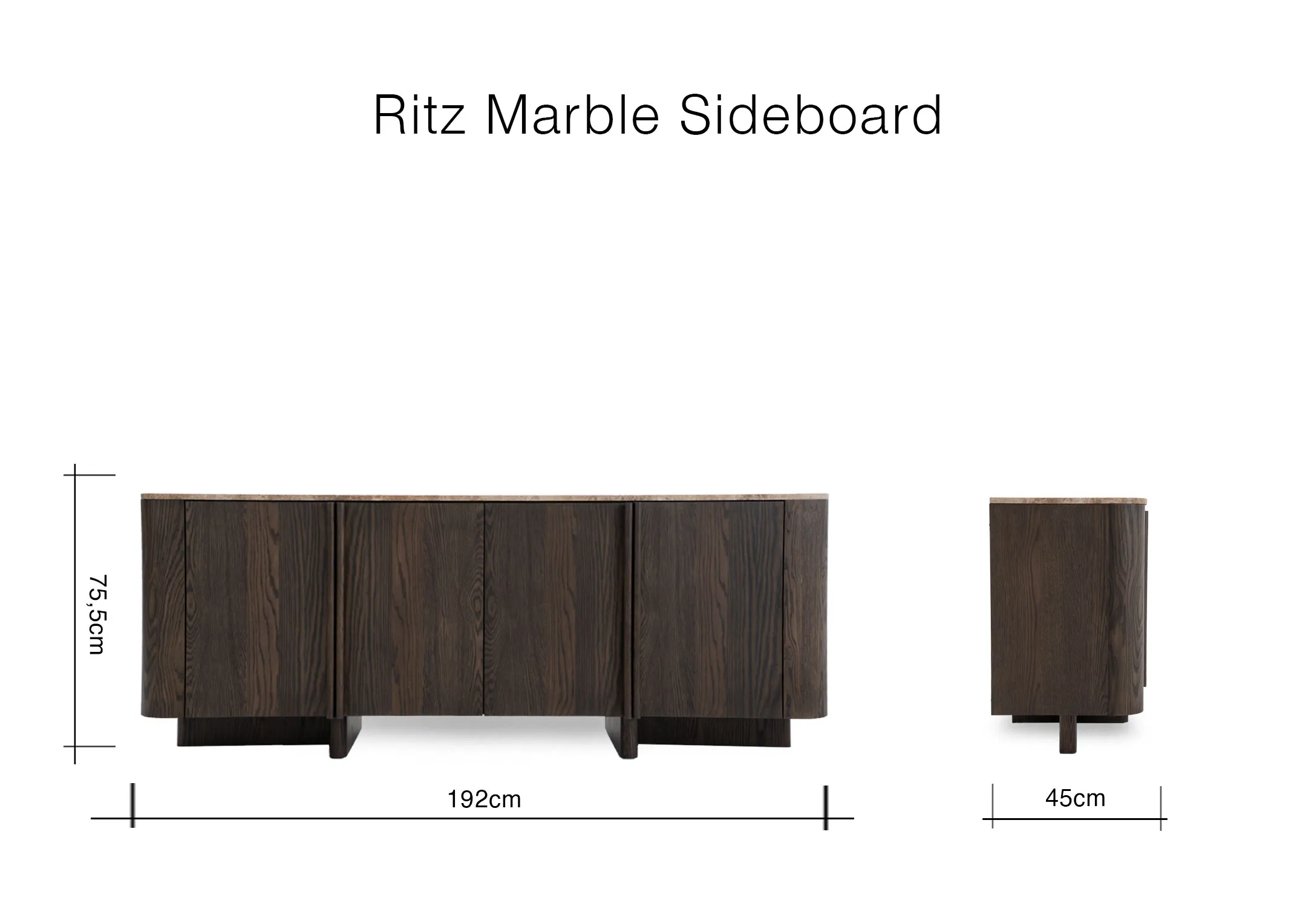 A dimension image of the Ritz Sideboard with 192cm x 75.5cm x 45cm