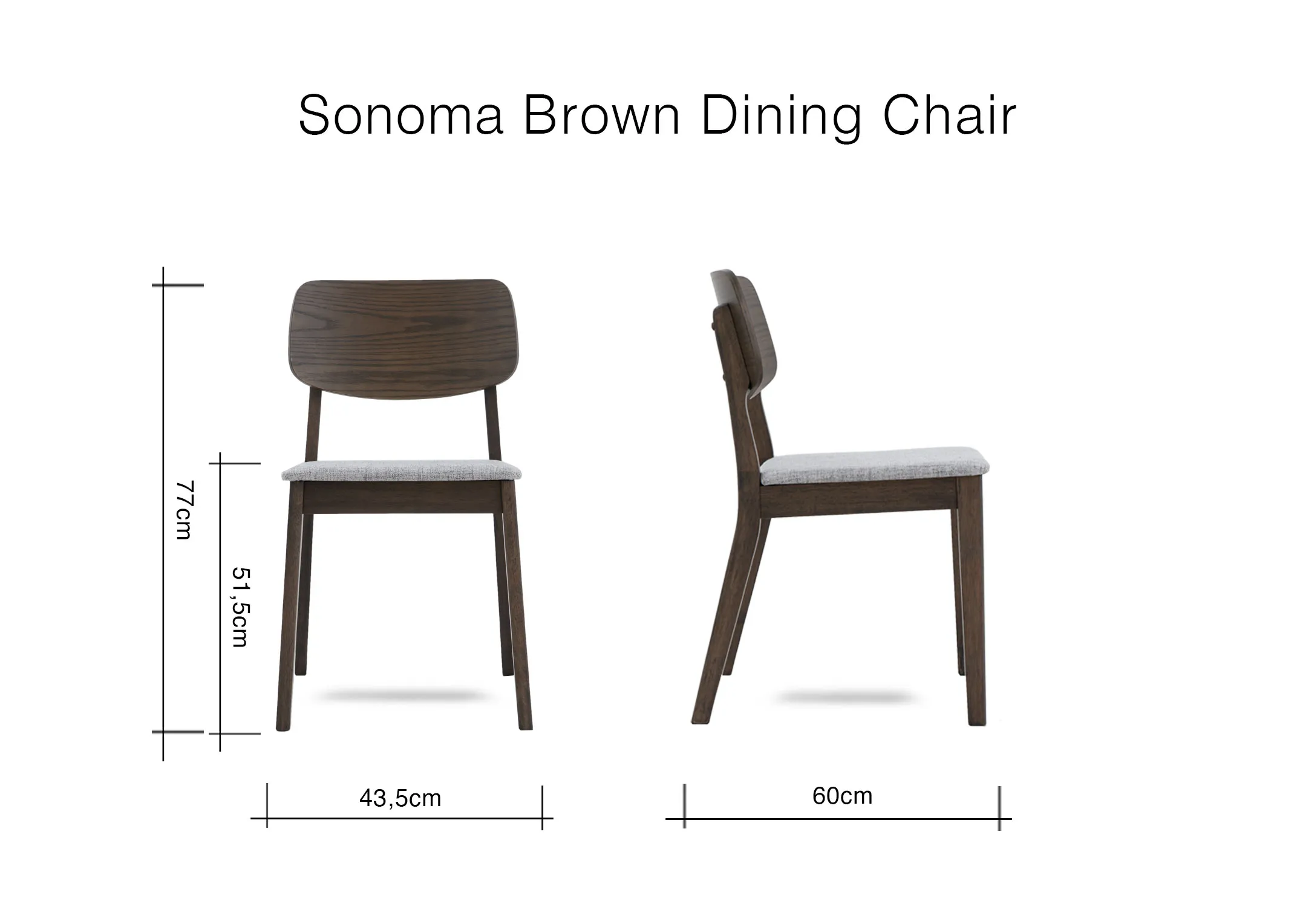 A dimension image of the Sonoma dining chair with 43.5cm x 60cm x 77cm