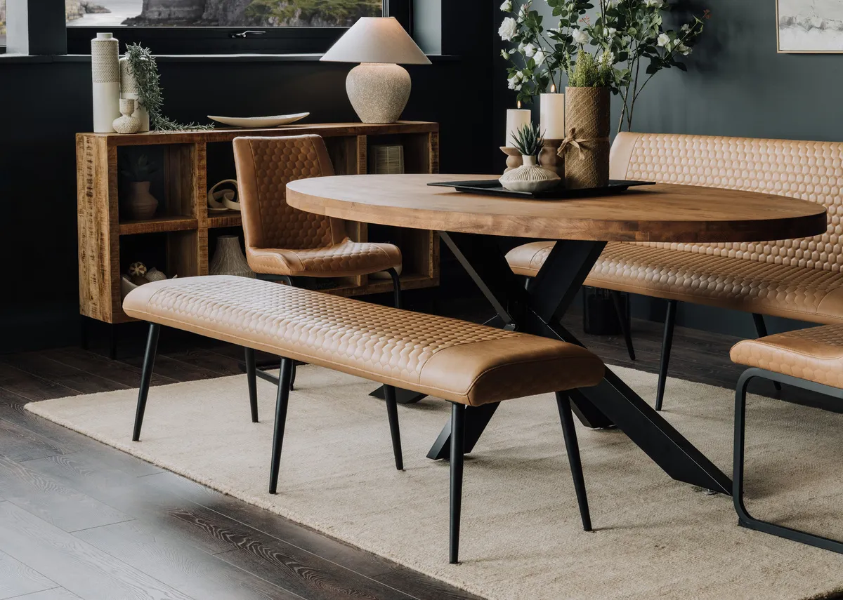 A lifestyle image of the Barton tan bench with the Oslo dining table and Barton dining chair