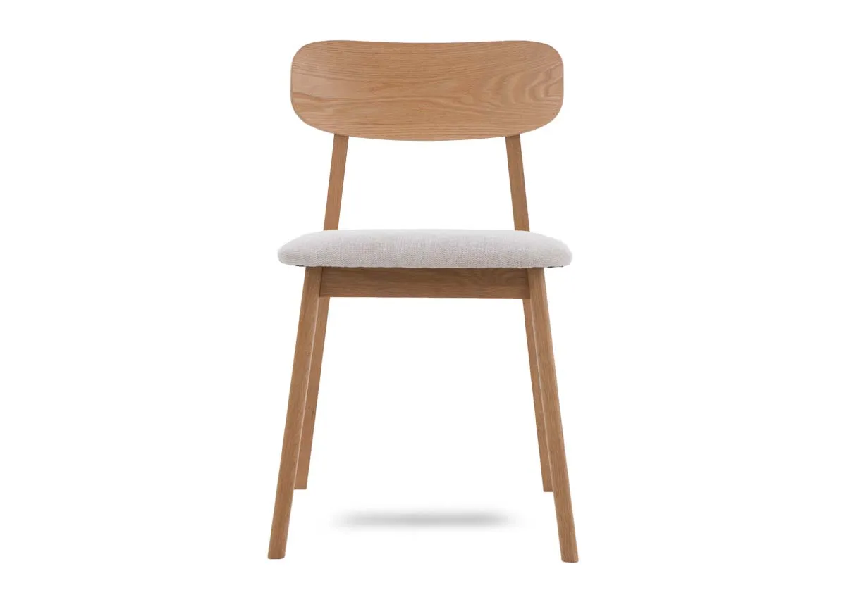An oak dining chair with fabric seat from EZ Livings Hudson range. Front view