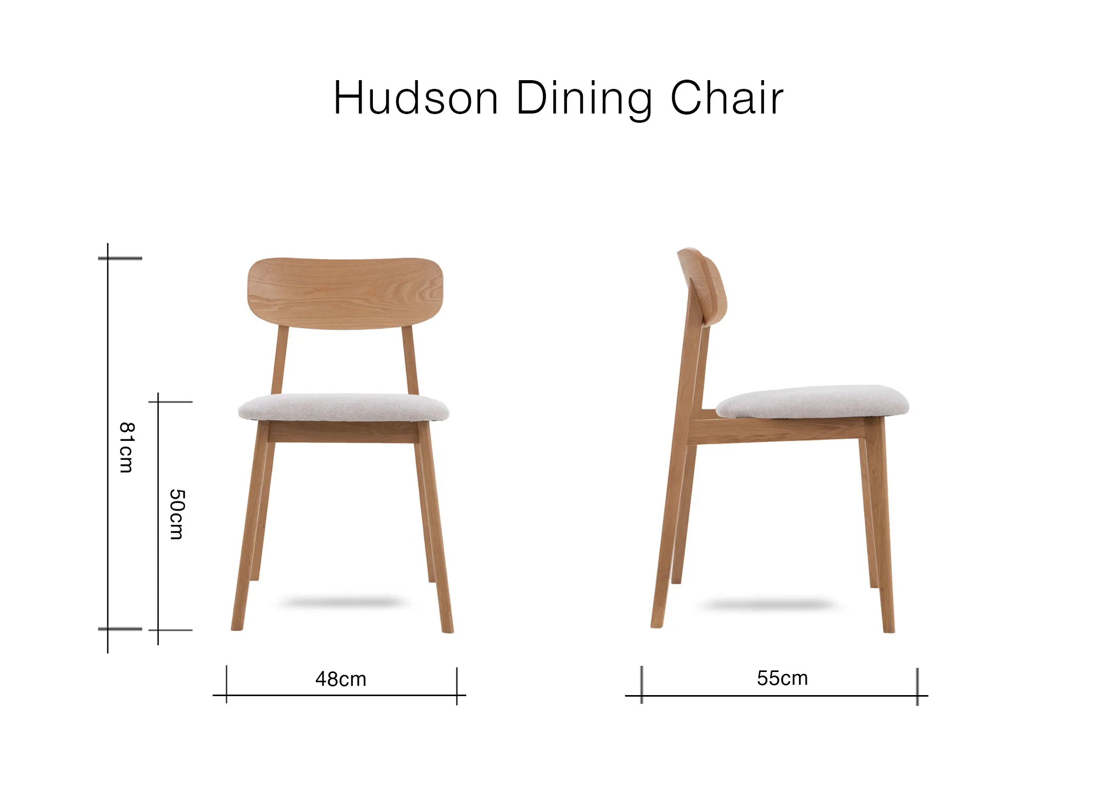 A dimension image of the Hudson dining chair with 48cm x 55cm x 81cm