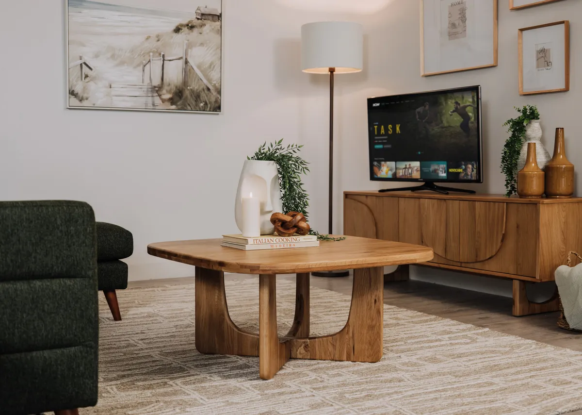 A lifestyle image of the pierro coffe etable with Presley sofa and Pierro tv unit.
