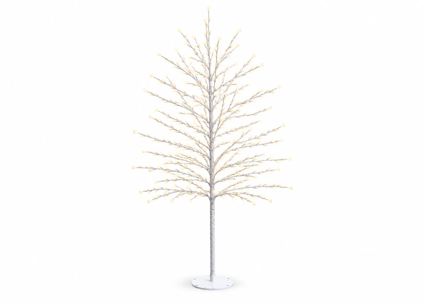 A 5ft white LED tree from EZ Livings Rudy range. Front view with lights on