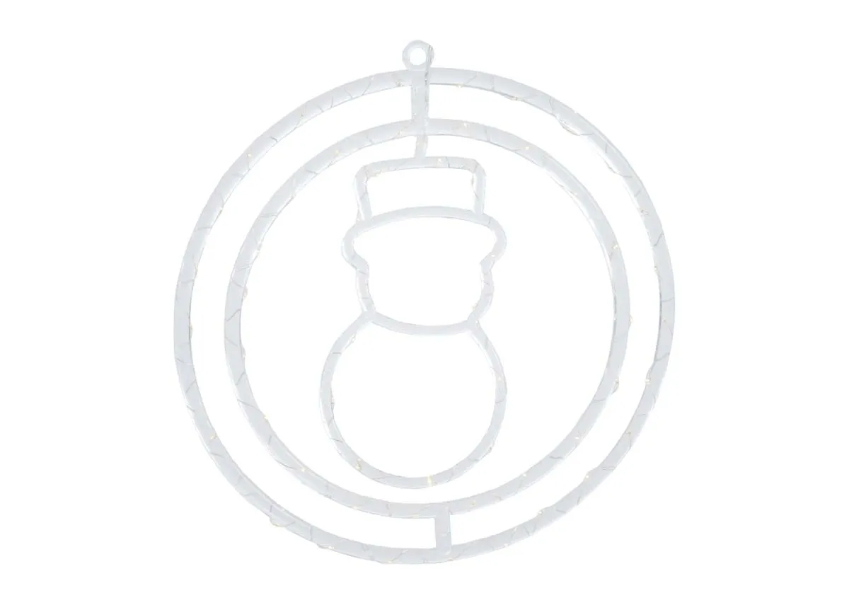 A clear hanging snowman decoration featuring a snowman silhouette inside concentric rings illuminated with internal lights.
