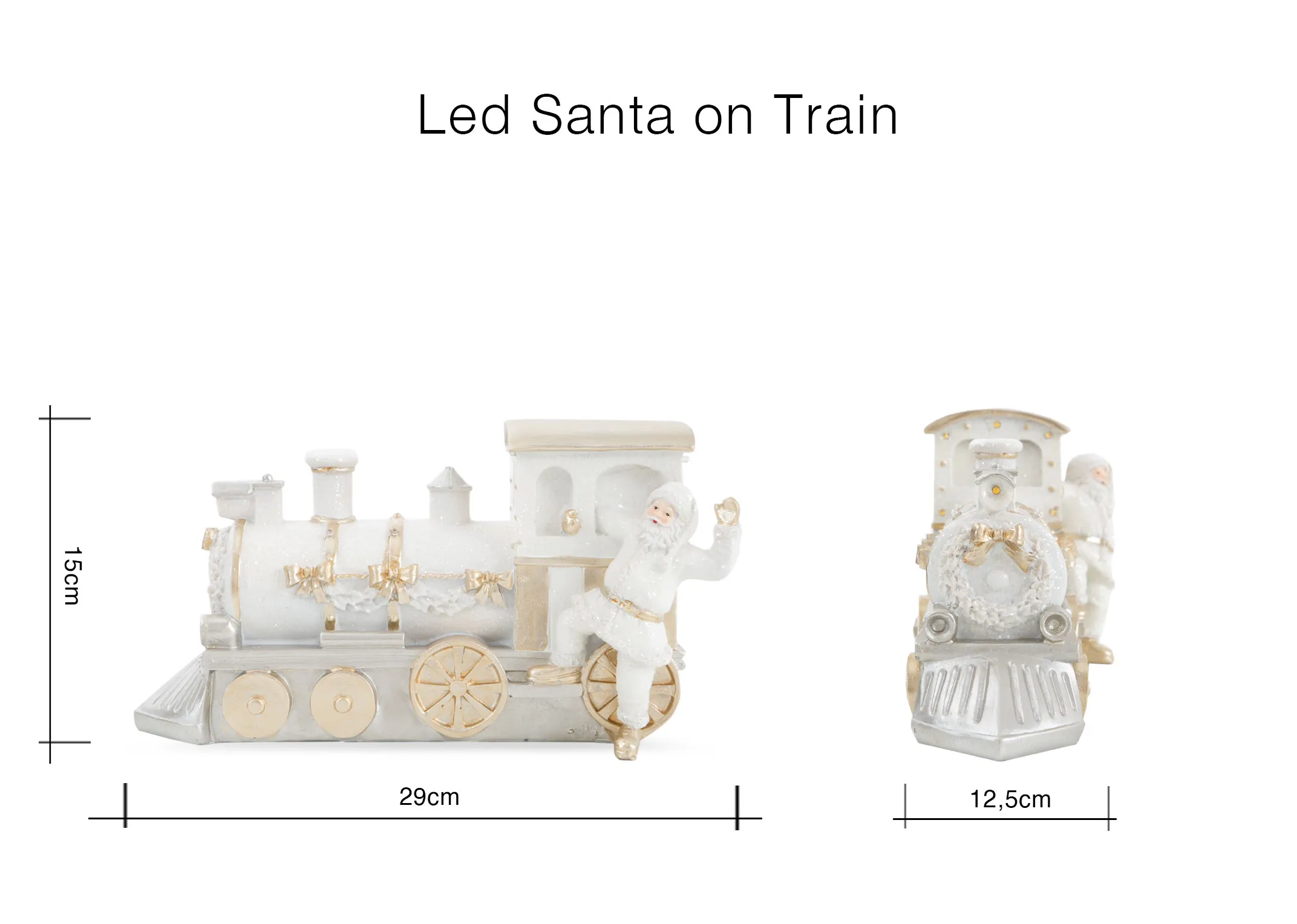 A dimension image of the Santa on Train figurine with 29cm x 12.5cm