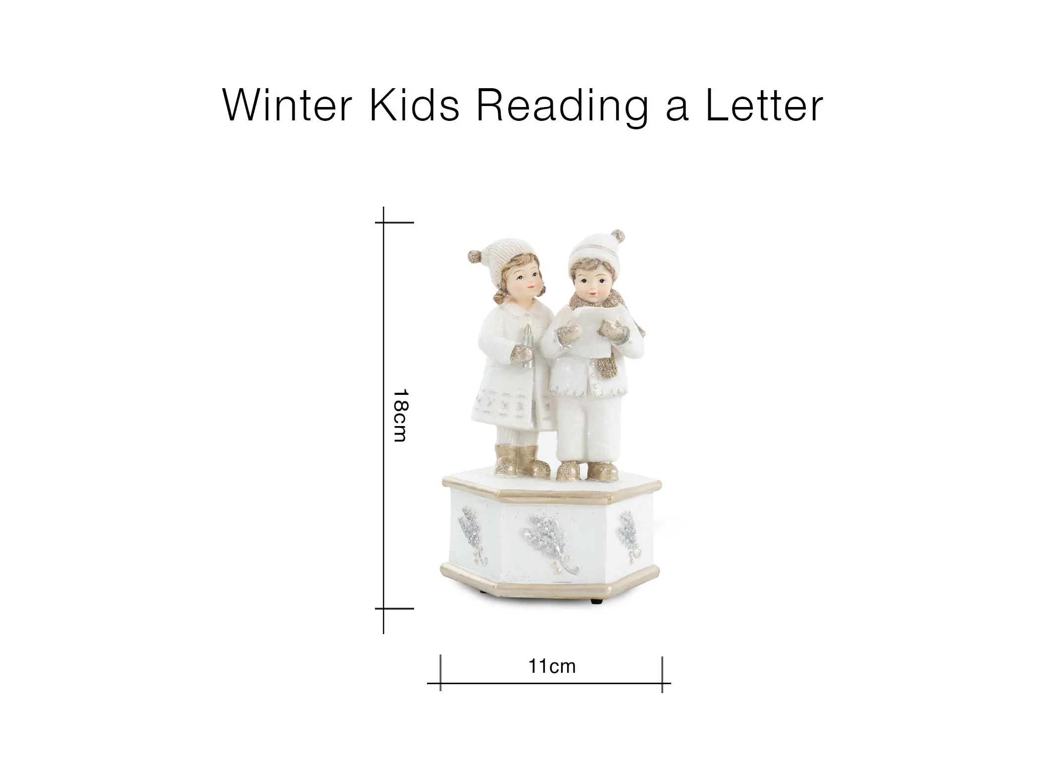 A dimension image of the Winter kids ornament with 11cm x 18cm