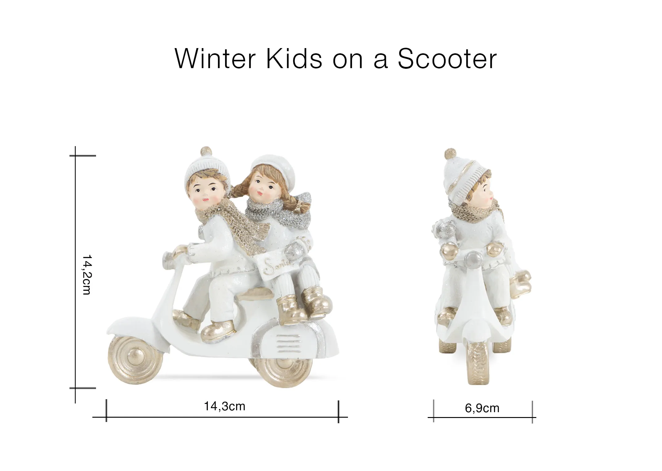 A dimension image of the Winter Kids on a scooter with 14.3cm x 14.2cm