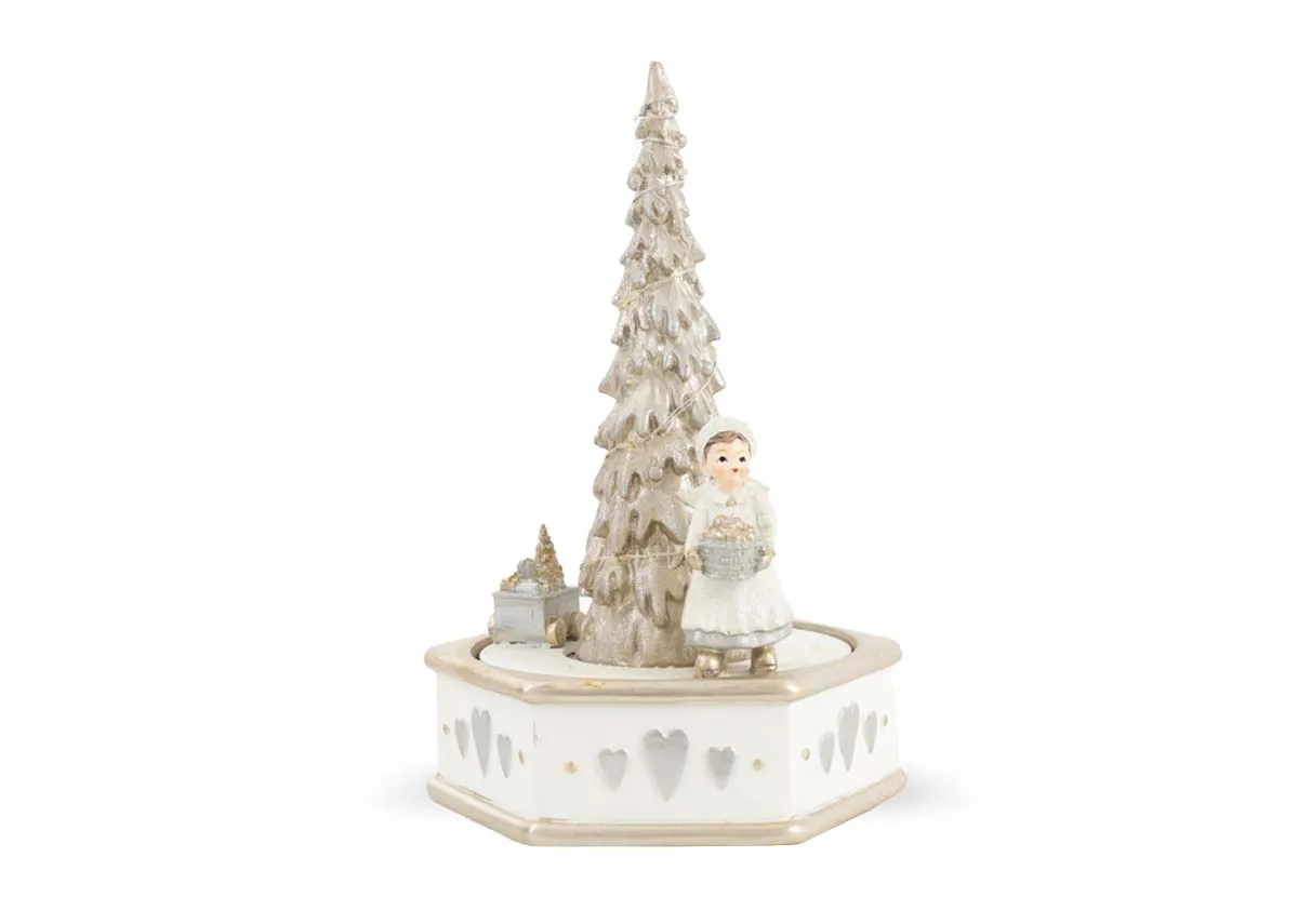 A white and gold LED music box with tree and singer. front view of ornament.