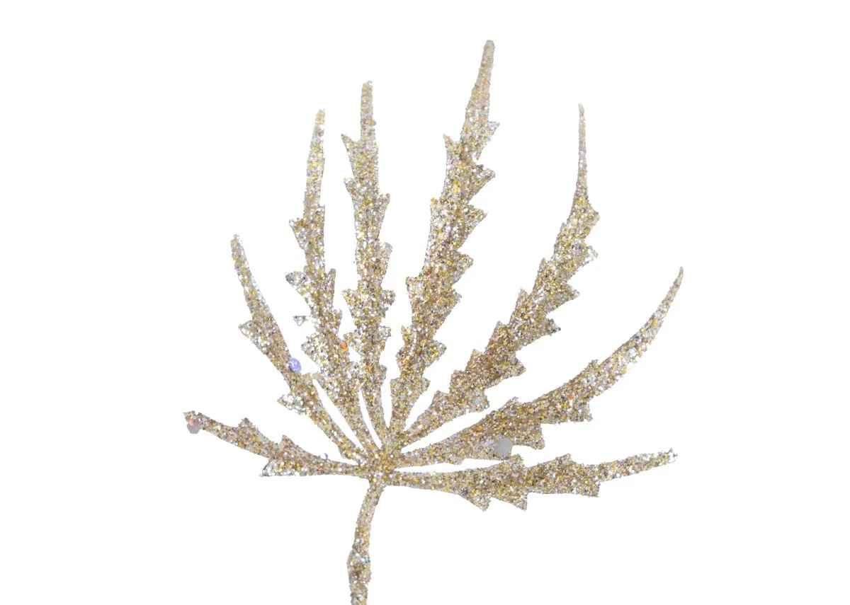 A champagne cedar christmas pick from EZ Livings Christams range. Closeup of glitter branch