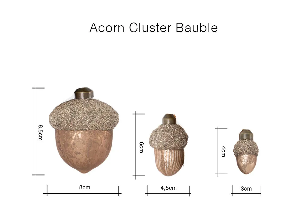 A dimension image of the Acorn Cluster Bauble with 8.5cm H 8cm W Medium 6cm H 4.5cm W Small 4 H 3cm W