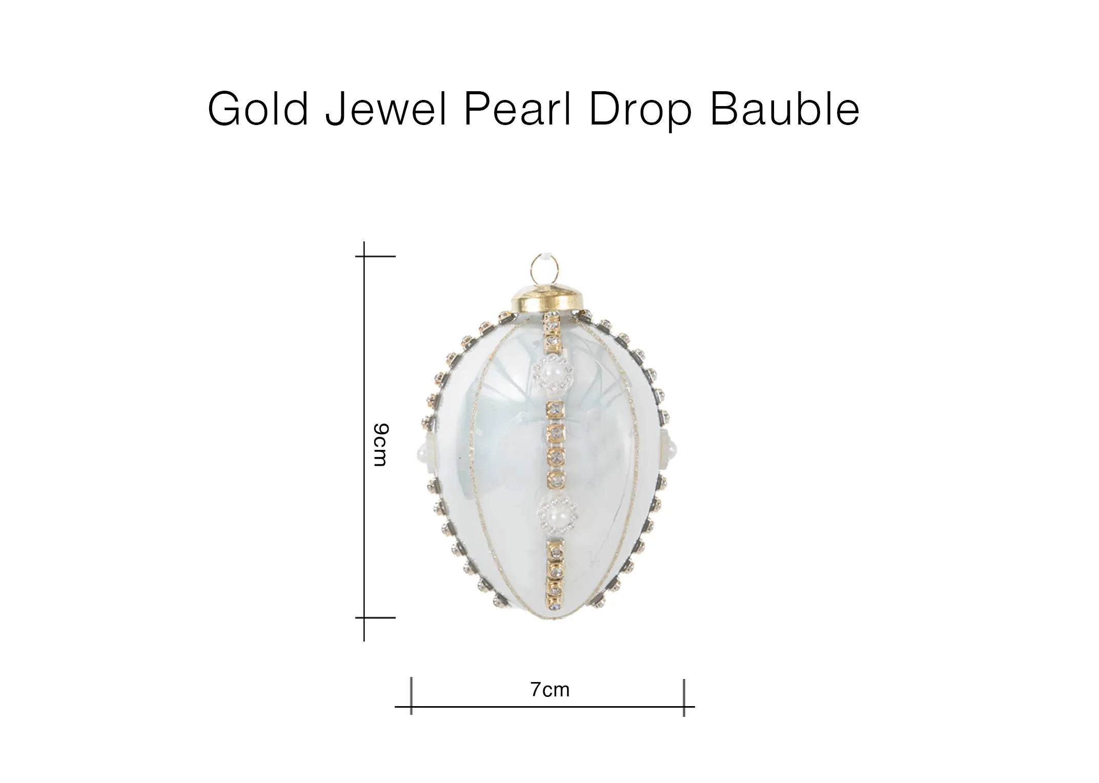 A dimension image of the Gold Jewel Pearl Drop Bauble with 7cm x 9cm